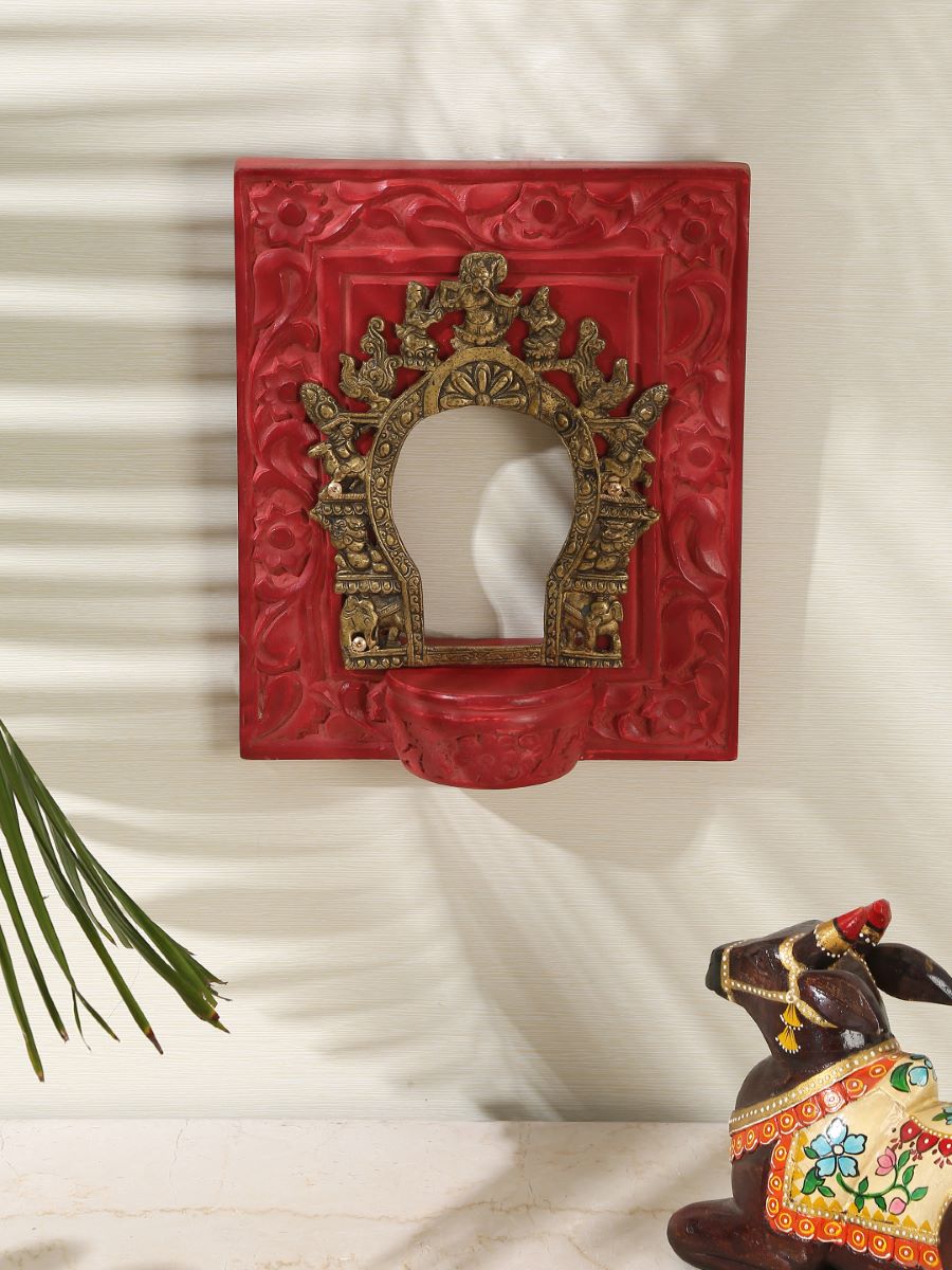 Carved Wall Frame With Brass Prabhavali - Coral Red