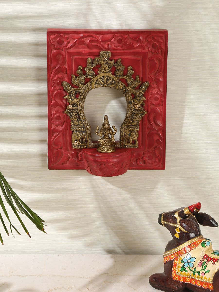 Carved Wall Frame With Brass Prabhavali - Coral Red