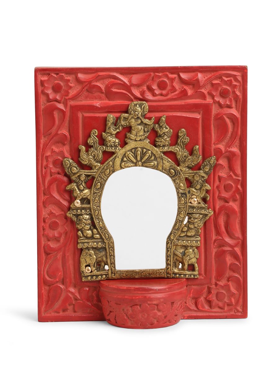 Carved Wall Frame With Brass Prabhavali - Coral Red
