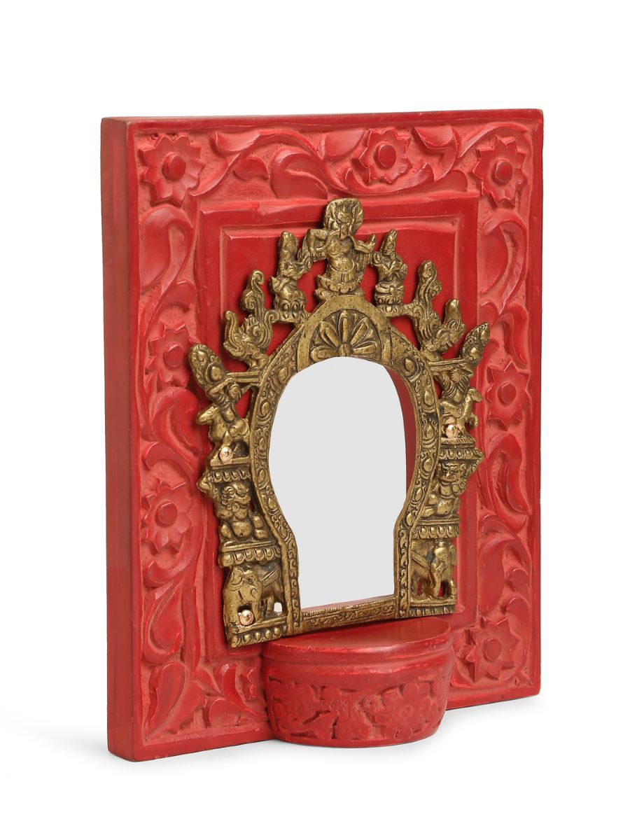Carved Wall Frame With Brass Prabhavali - Coral Red