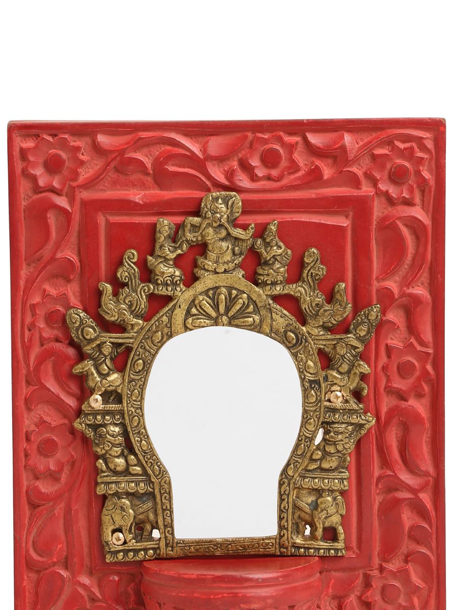 Carved Wall Frame With Brass Prabhavali - Coral Red