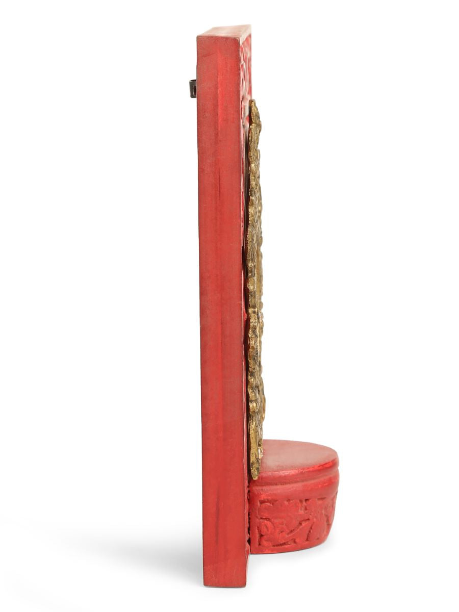 Carved Wall Frame With Brass Prabhavali - Coral Red