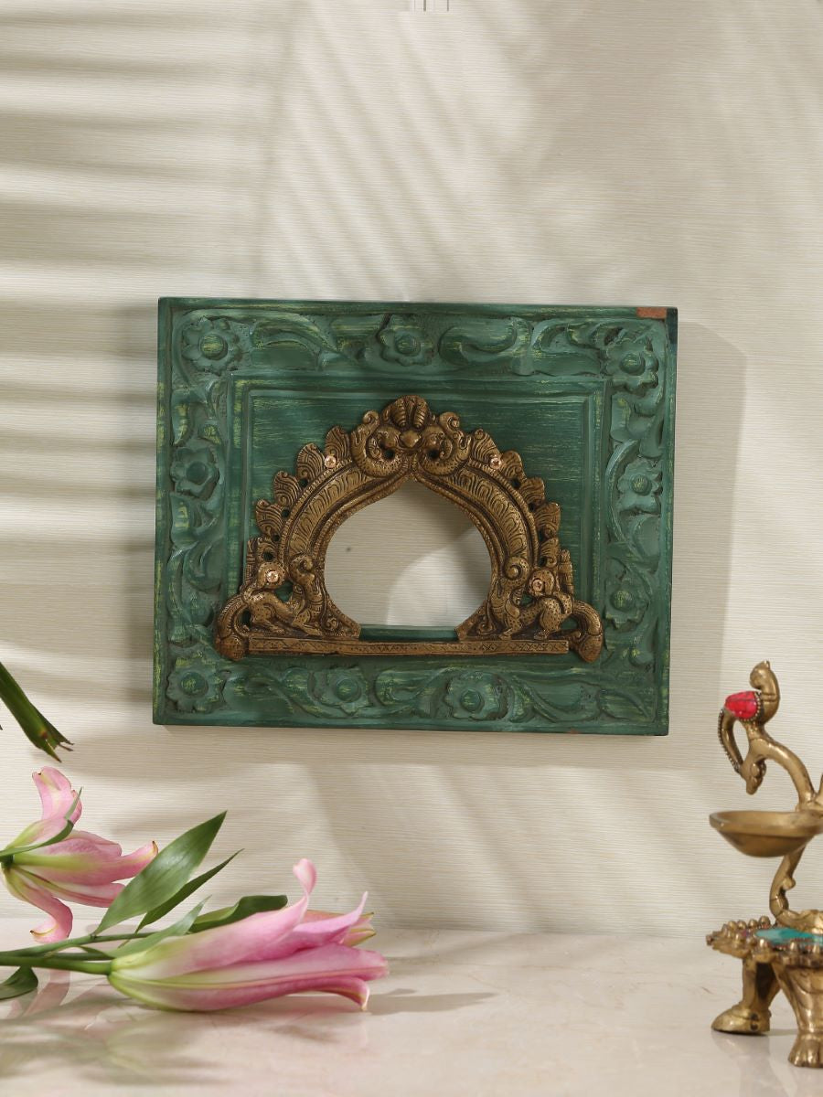 Carved Wall Frame With Brass Prabhavali - Olive Green