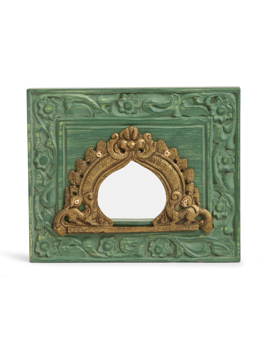 Carved Wall Frame With Brass Prabhavali - Olive Green