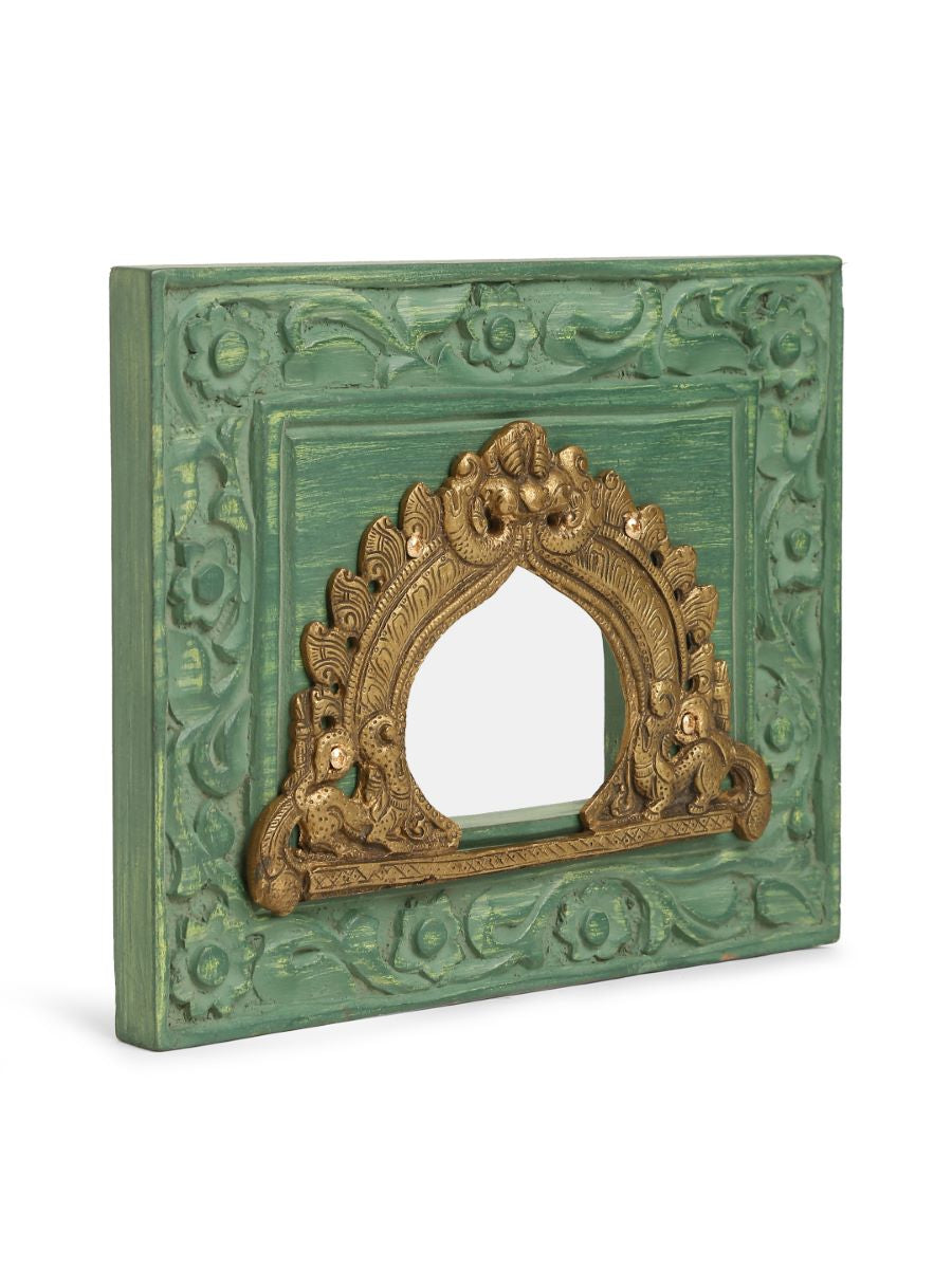 Carved Wall Frame With Brass Prabhavali - Olive Green