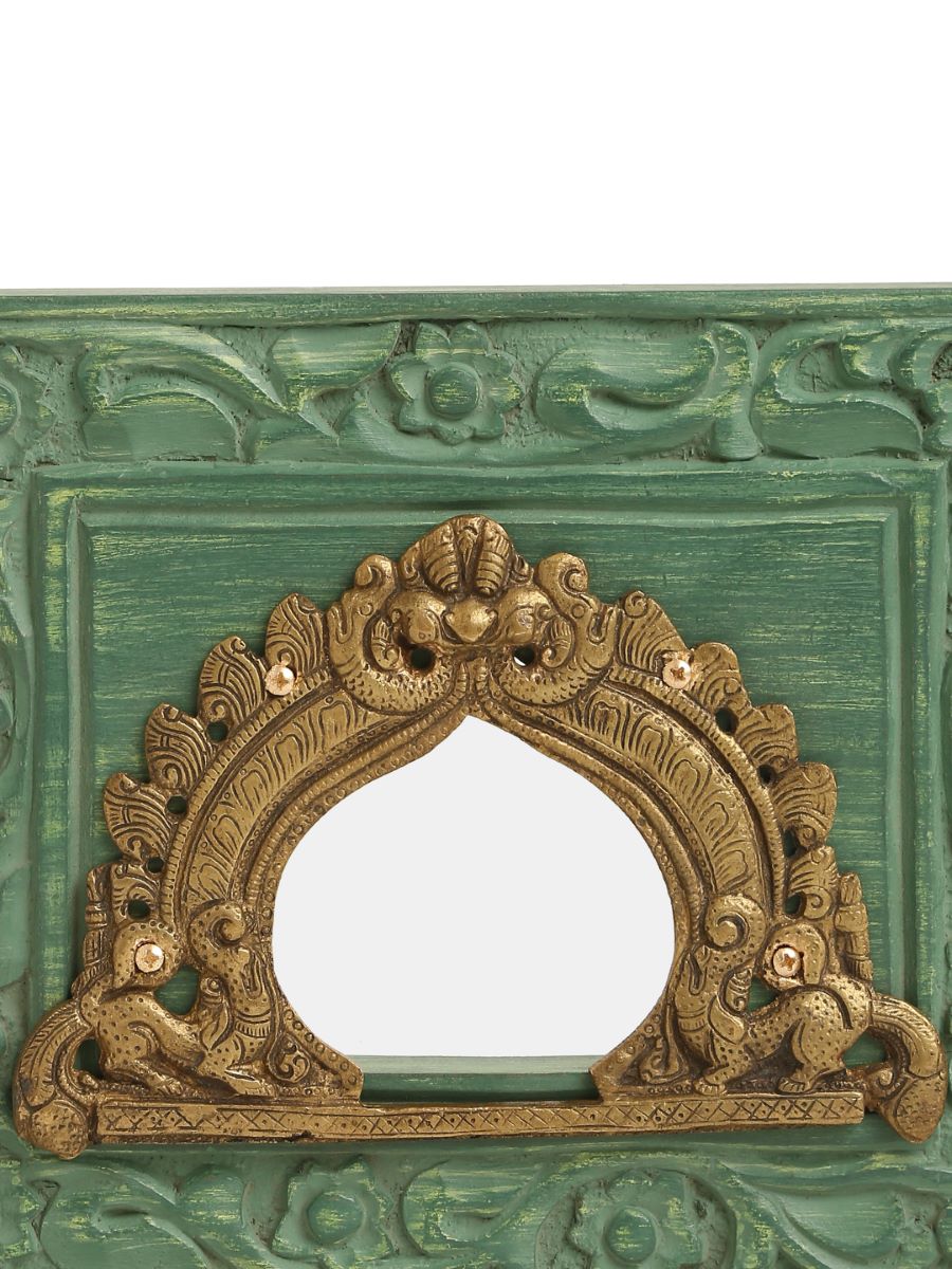 Carved Wall Frame With Brass Prabhavali - Olive Green