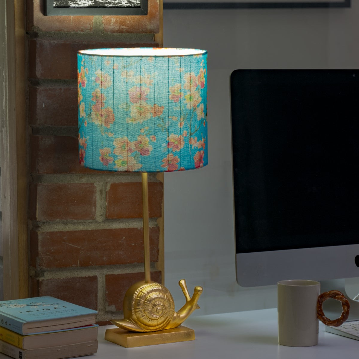 The Snail Lamp with Floral Cyan Shade