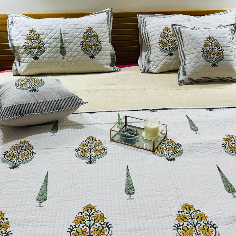 Mustard Floral Quilted Cotton Bedcover