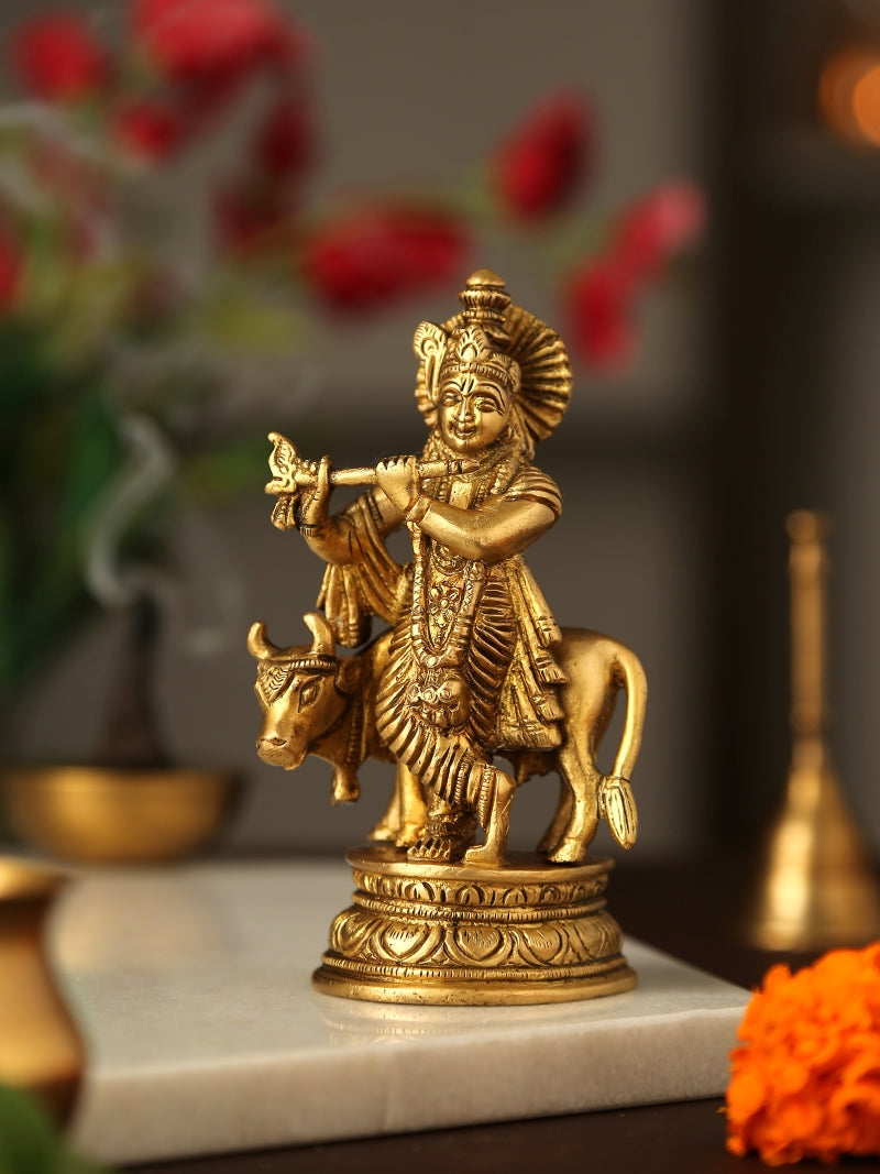 Brass Lord Krishna Idol with Cow