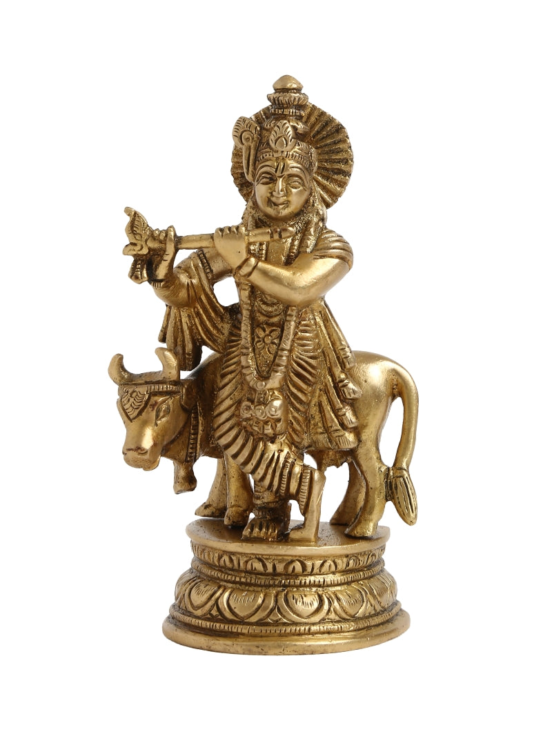 Brass Lord Krishna Idol with Cow