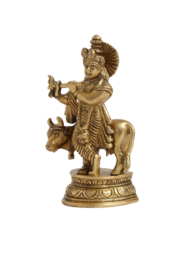 Brass Lord Krishna Idol with Cow