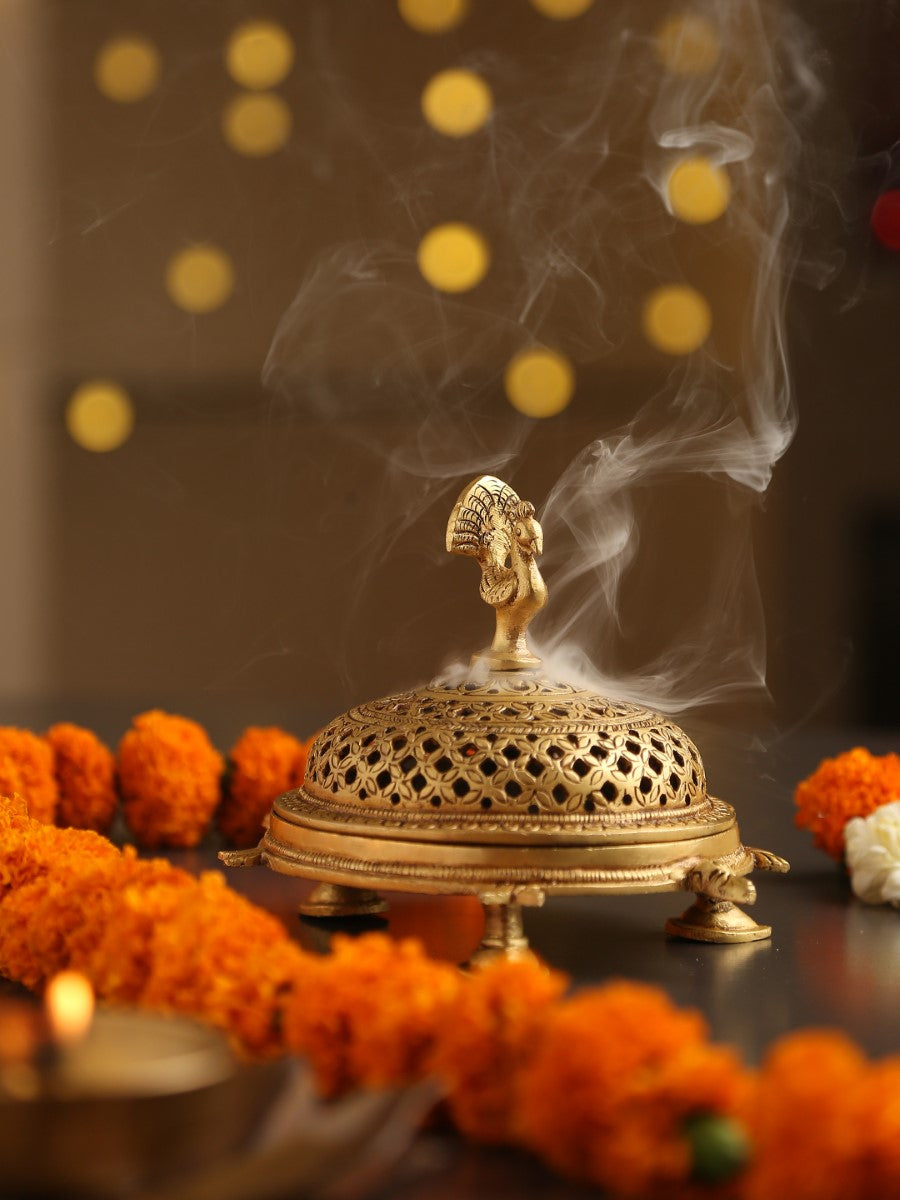 Brass Peacock Incense Burner With Tortoise Base