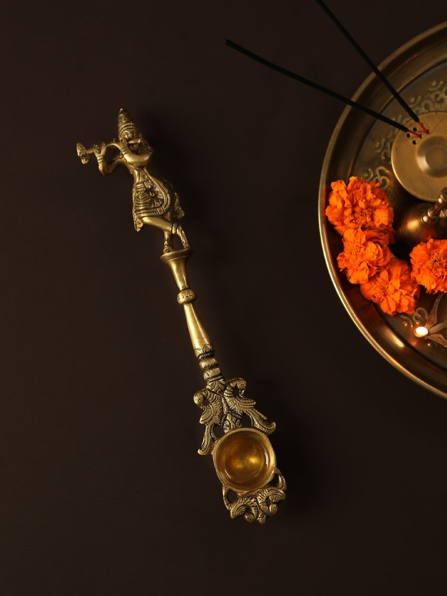 Krishna Idol Carved Brass Havan Spoon