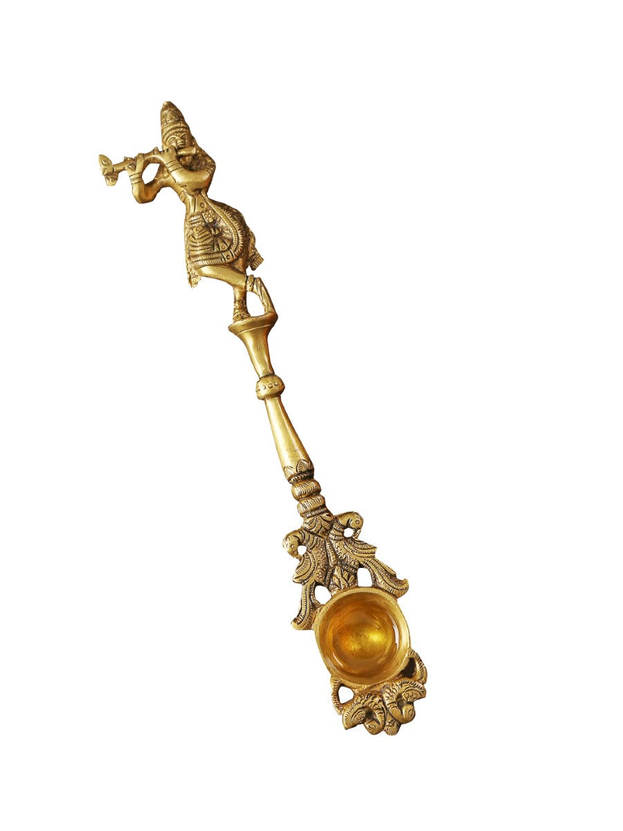 Krishna Idol Carved Brass Havan Spoon
