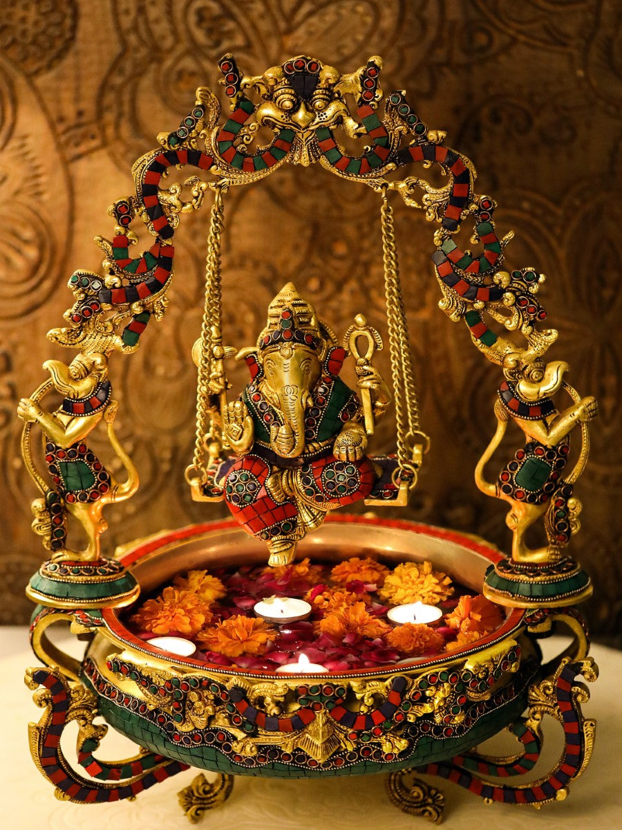 Brass And Stone Ganesh Jhula Urli