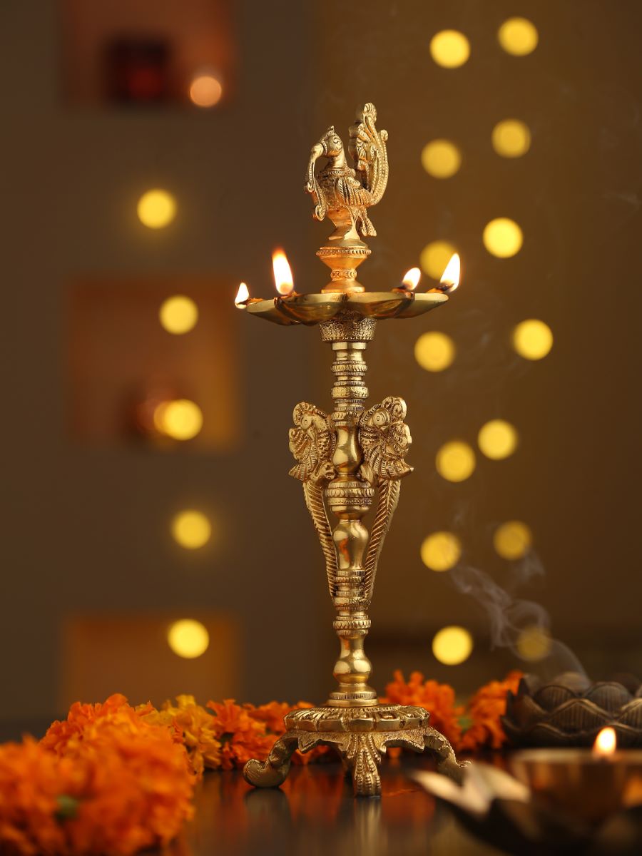 Peacock Lamp Large With Five Diyas