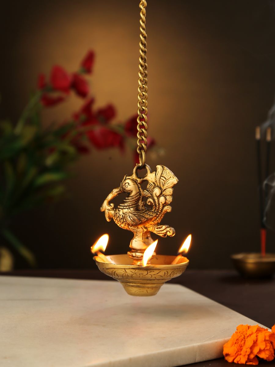 Bird Hanging Diya With Three Side Lamp And Chain