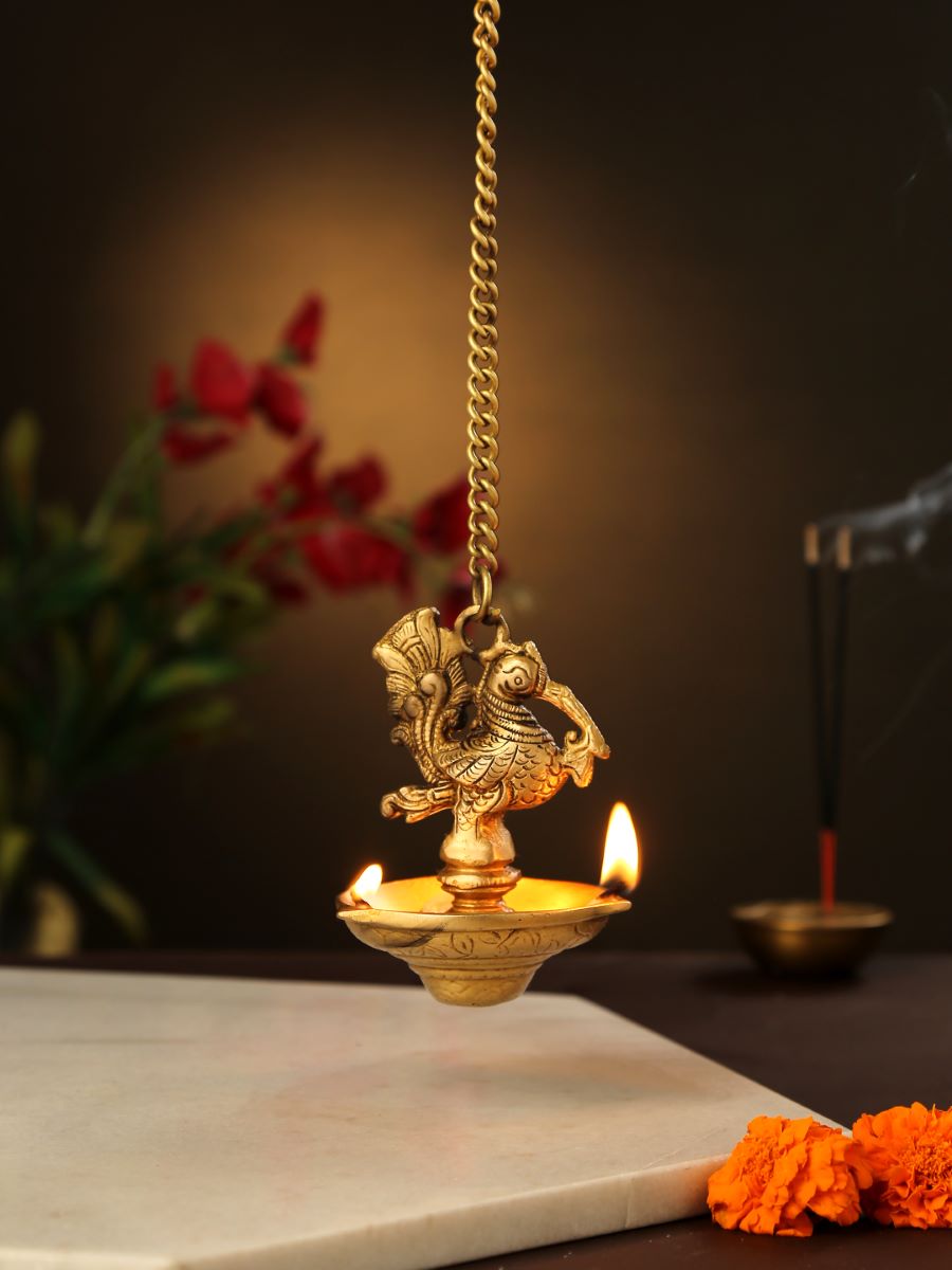 Bird Hanging Diya With Three Side Lamp And Chain