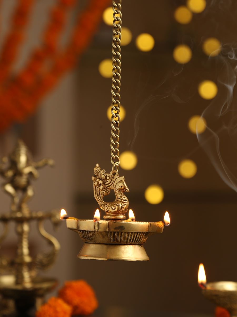 Peacock Hanging Diya With Four Side Lamp And Chain