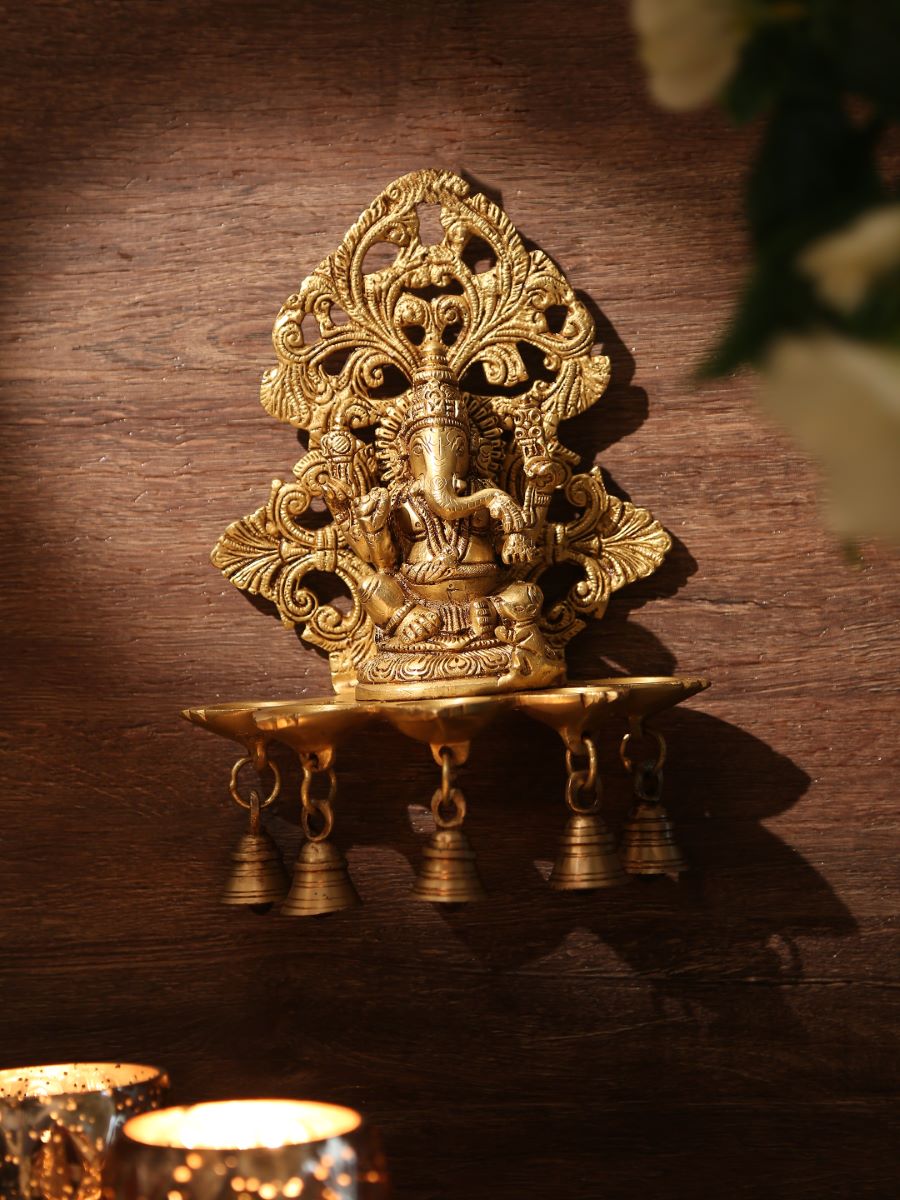 Brass Ganesha Lamp With Bells For Wall
