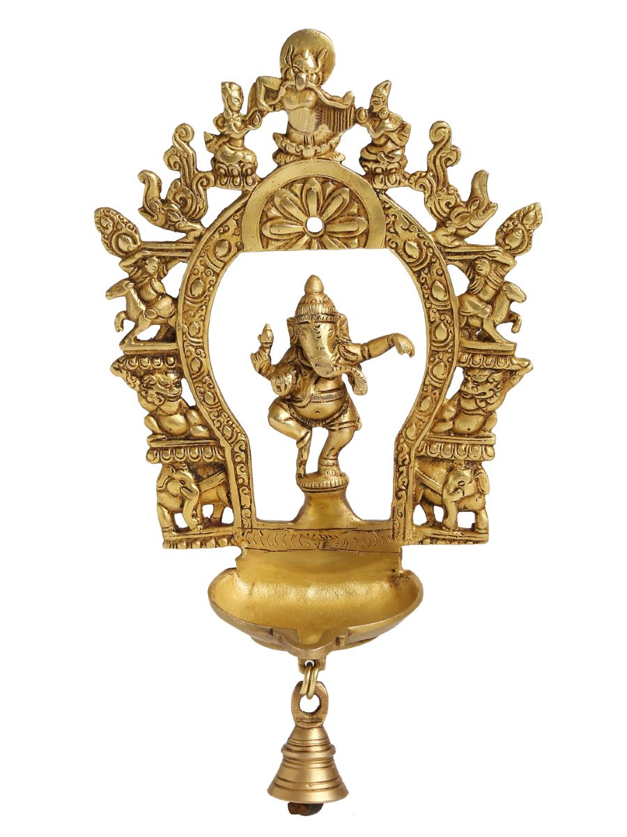 Brass Prabhavali With Dancing Ganesha & Diya With Bell