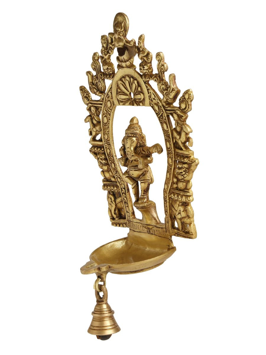 Brass Prabhavali With Dancing Ganesha & Diya With Bell