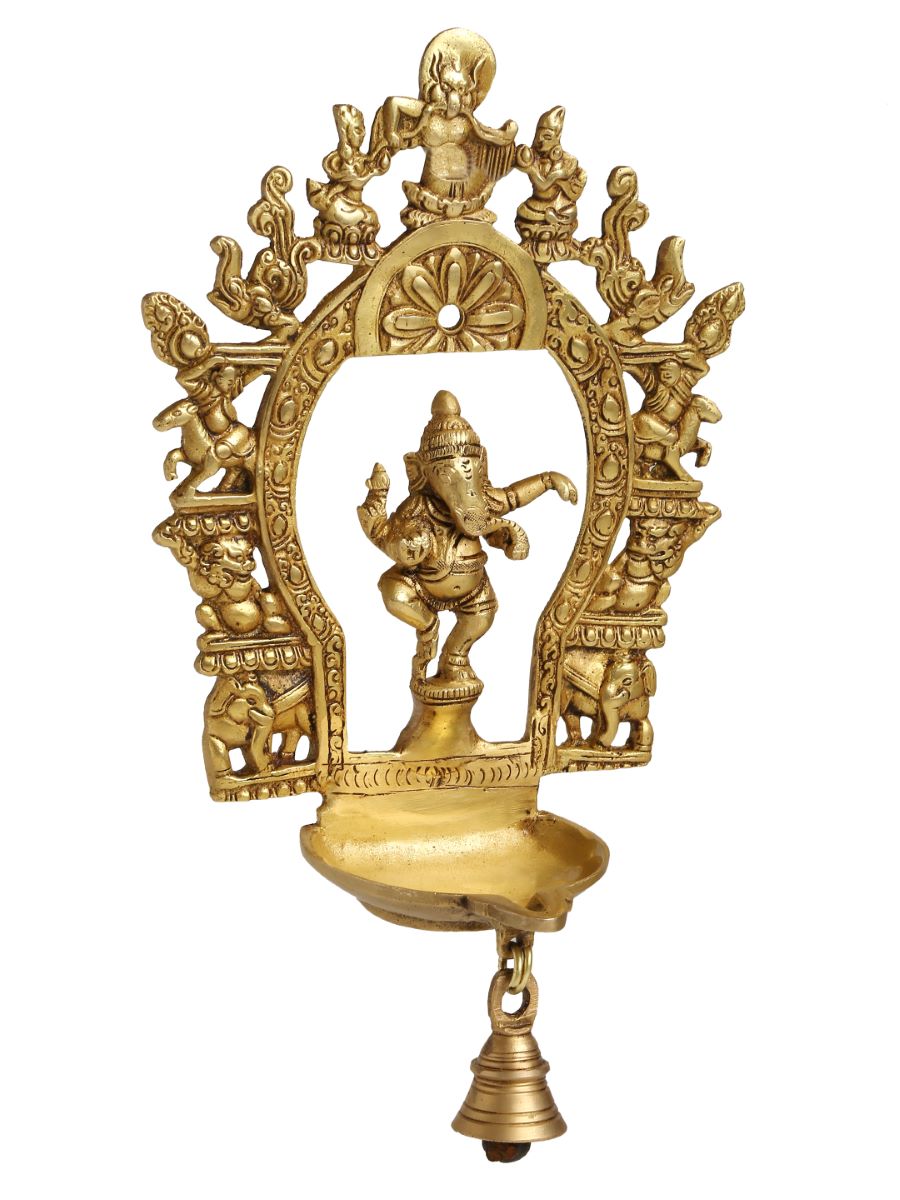 Brass Prabhavali With Dancing Ganesha & Diya With Bell