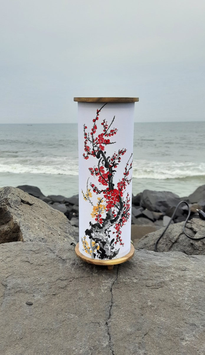 Hand Painted Table Lamp-Red Cherry Blossoms with A Sprinkle of Yellow