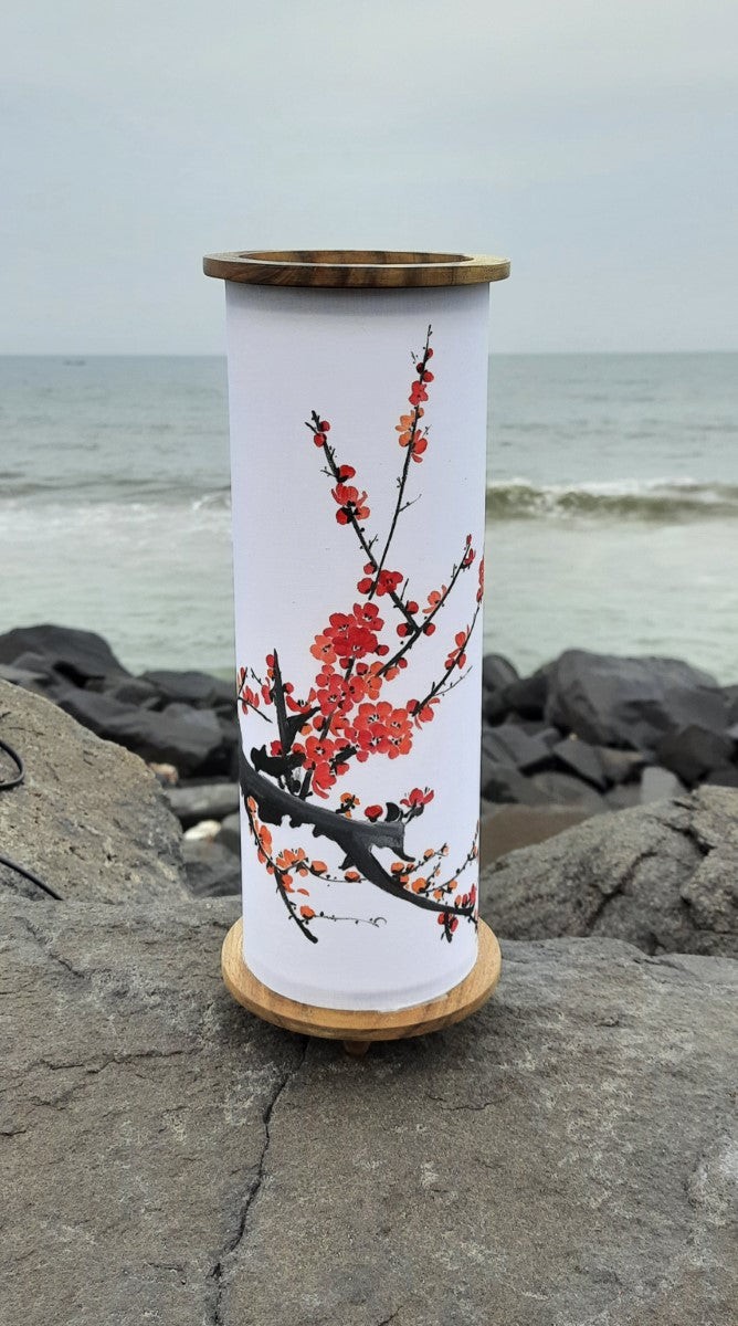 Hand Painted Table Lamp-Red Cherry Blossoms with A Sprinkle of Yellow
