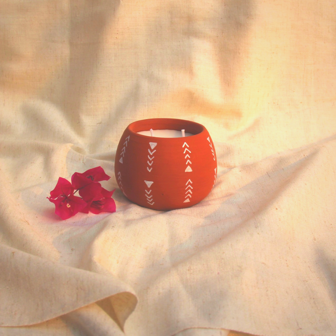Arrows Handpainted Terracotta Soy Wax Candle With Dual Wicks