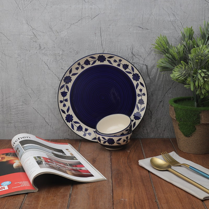 Blue Handpainted Ceramic Dinnerware Set (1 Plate, 2 Bowls)