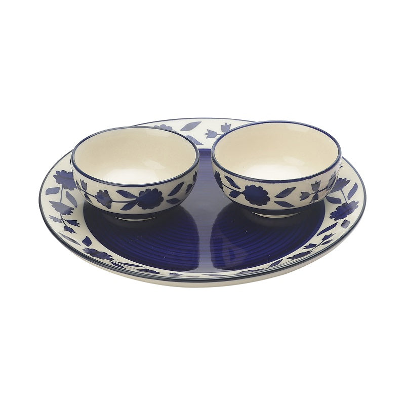 Blue Handpainted Ceramic Dinnerware Set (1 Plate, 2 Bowls)