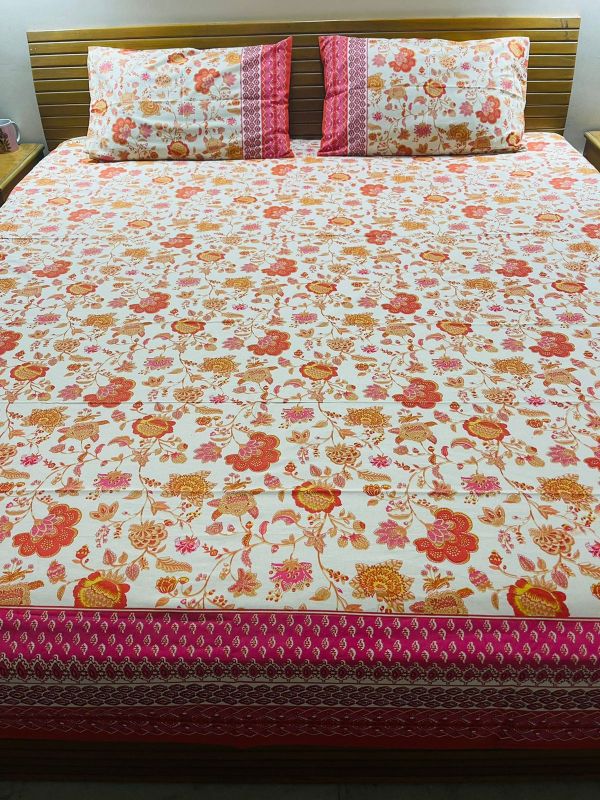 Mustard & Pink Cotton Queen Size Bedsheet
