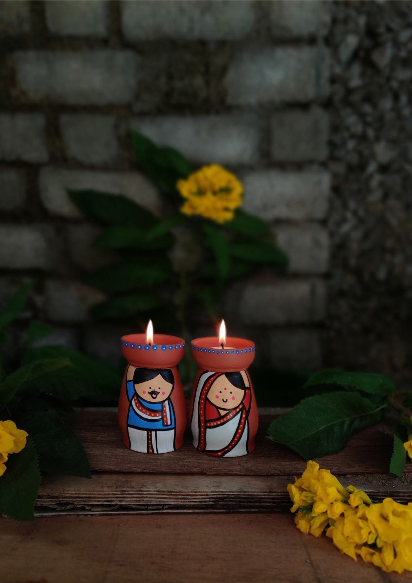 Handpainted Terracotta Indian Theme Tea Light Holders