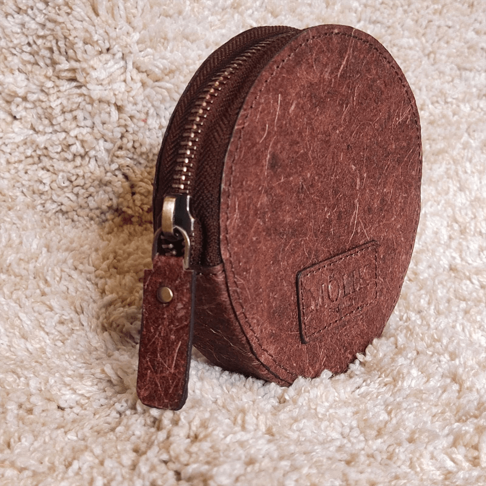 Brown Coconut Leather Vegan Round Pouch