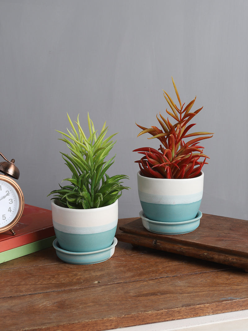 Blue Handpainted Indoor Pots with Tray