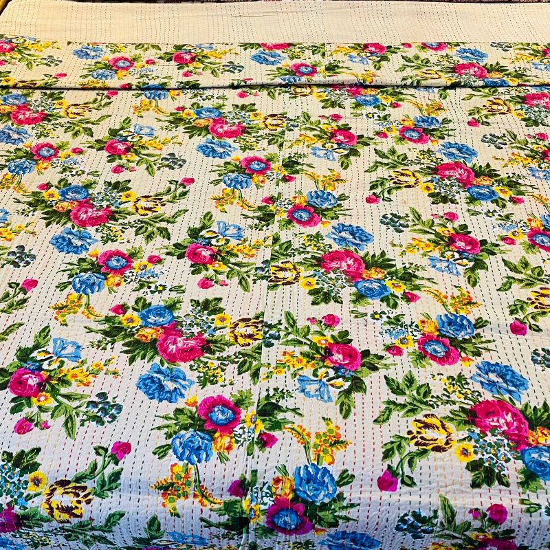 Cream Floral Kantha Queen Size Bedcover