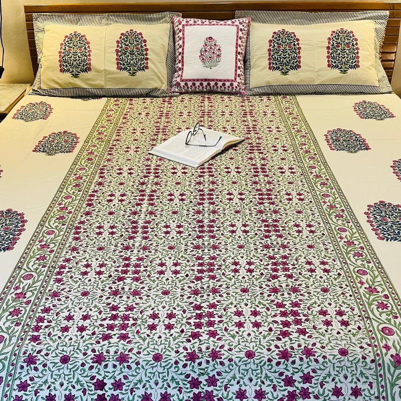 Mughal Floral Premium Cotton Bedsheet with Pillow Covers