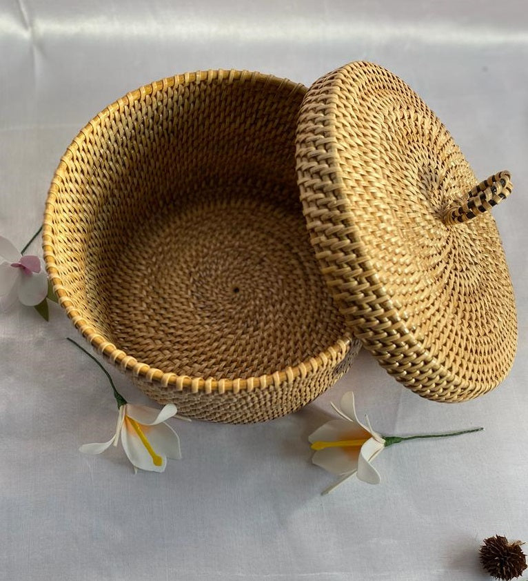 Handwoven Cane Circular Vanity Case