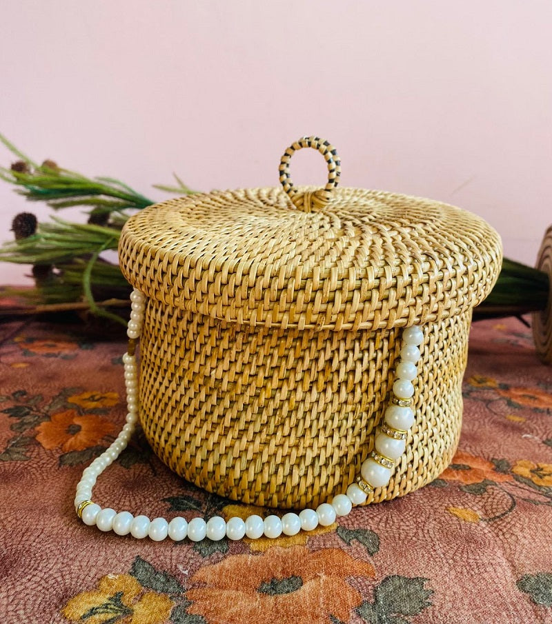 Handwoven Cane Circular Vanity Case