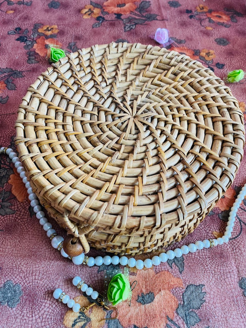 Handwoven Cane Circular Vanity Case with Lock