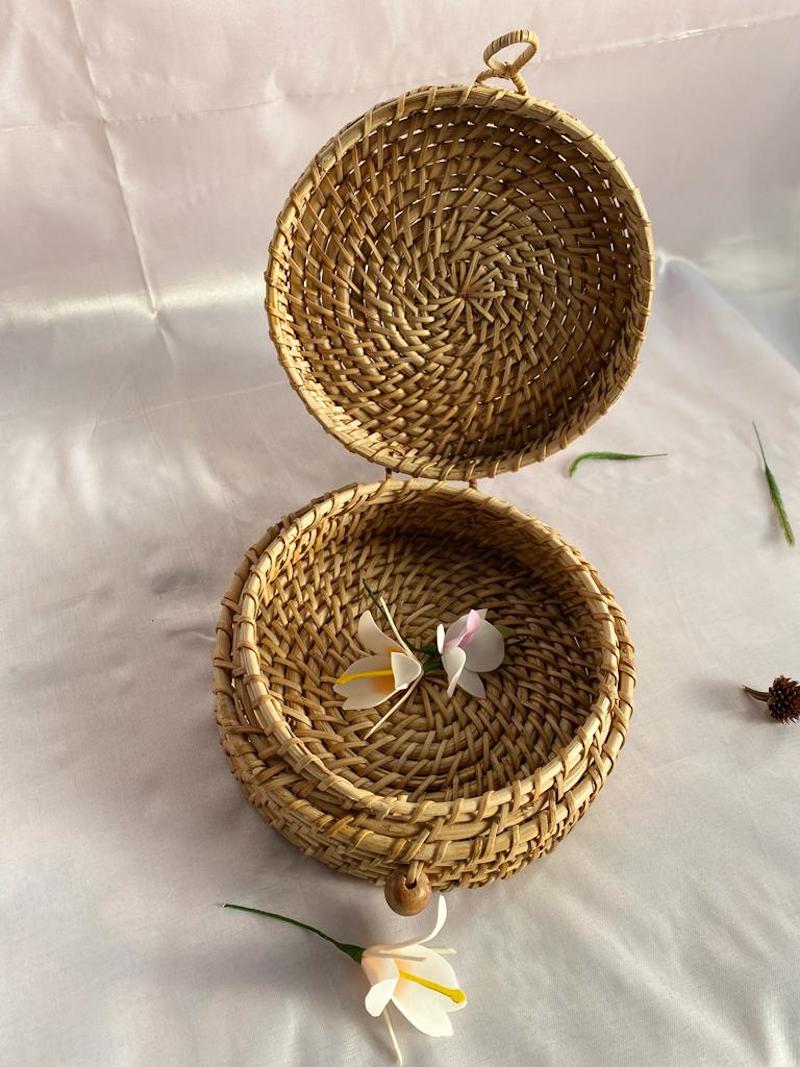 Handwoven Cane Circular Vanity Case with Lock