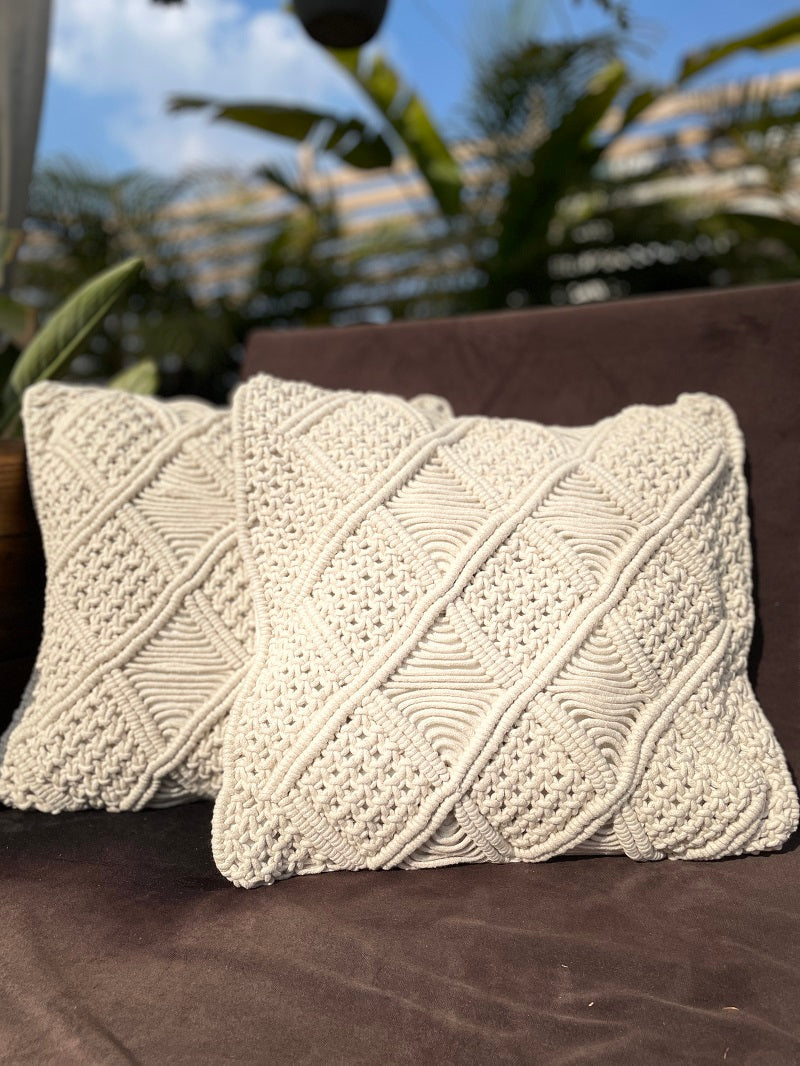 White Criss Cross Handcrafted Macrame Cushion Cover