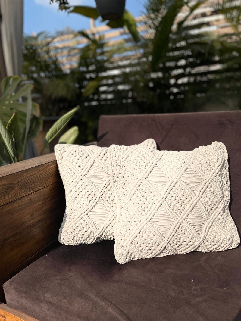 White Criss Cross Handcrafted Macrame Cushion Cover