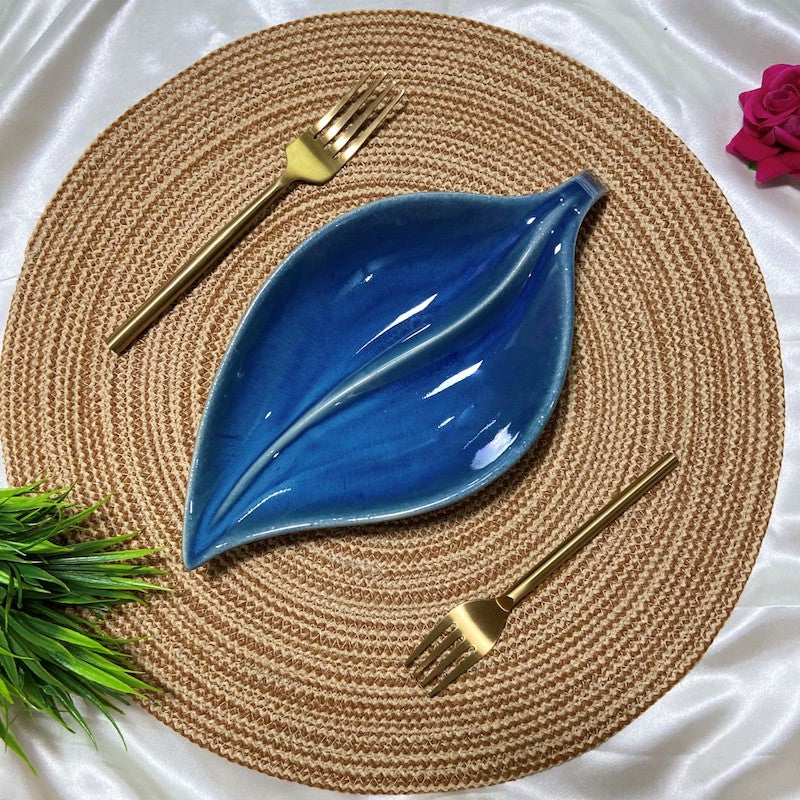 Navy Blue Leaf Shaped Ceramic Serving Platter