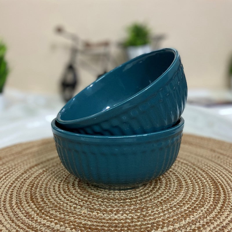 Peacock Green Linear Ceramic Soup Bowls (Set of 2)