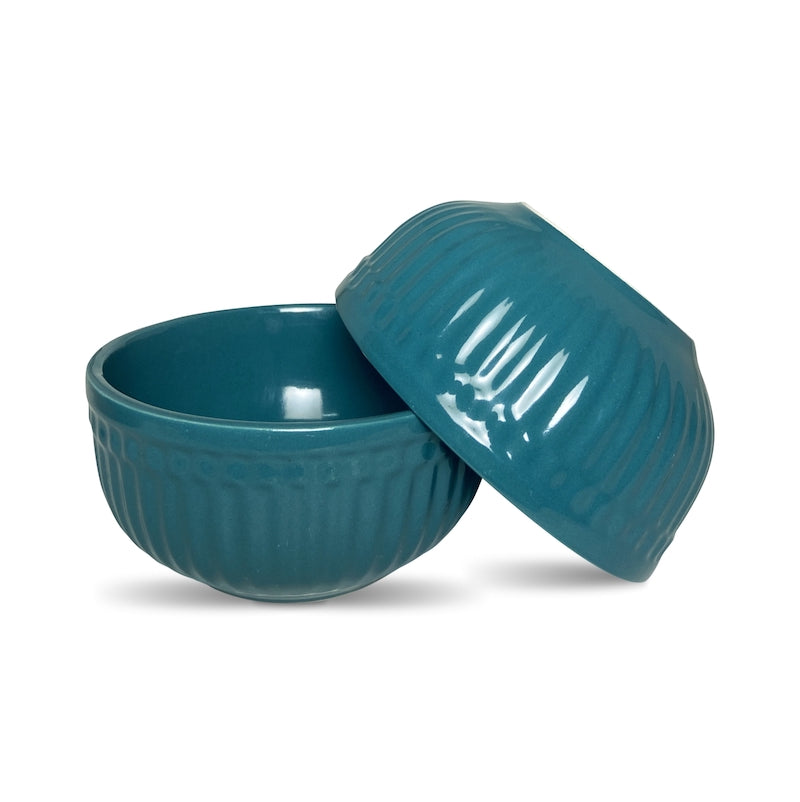 Peacock Green Linear Ceramic Soup Bowls (Set of 2)