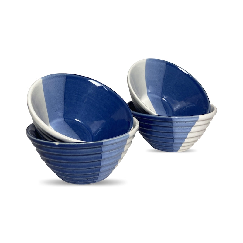 Half-Cut Blue & White Designer Ceramic Katori Bowls (Set of 4)