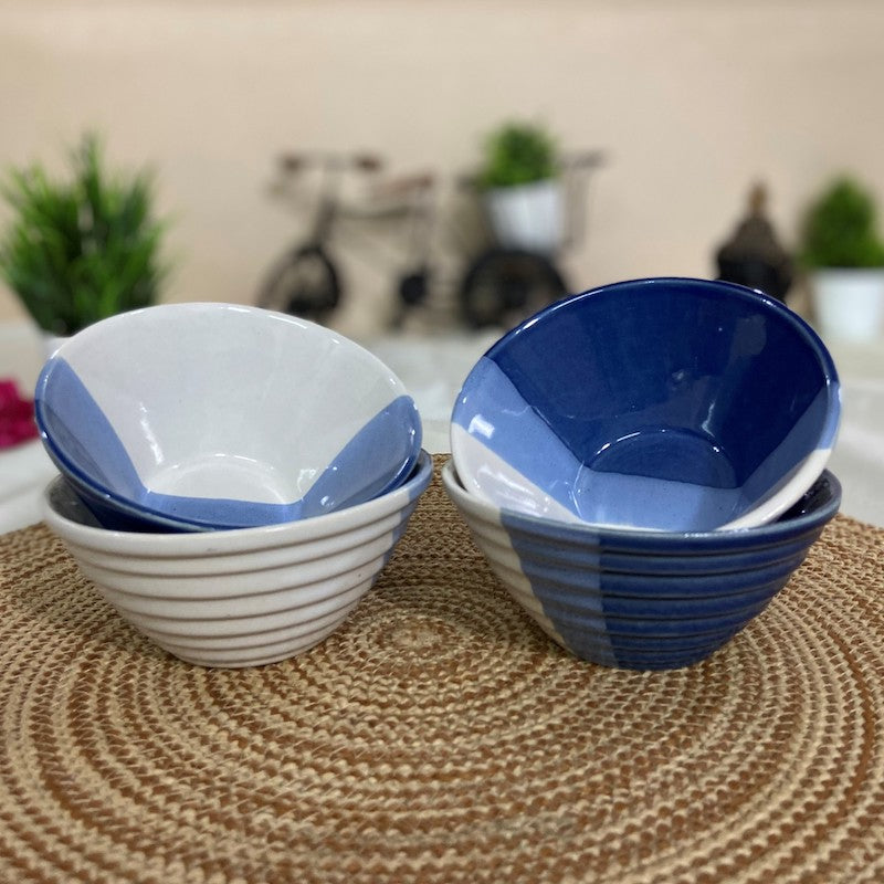 Half-Cut Blue & White Designer Ceramic Katori Bowls (Set of 4)