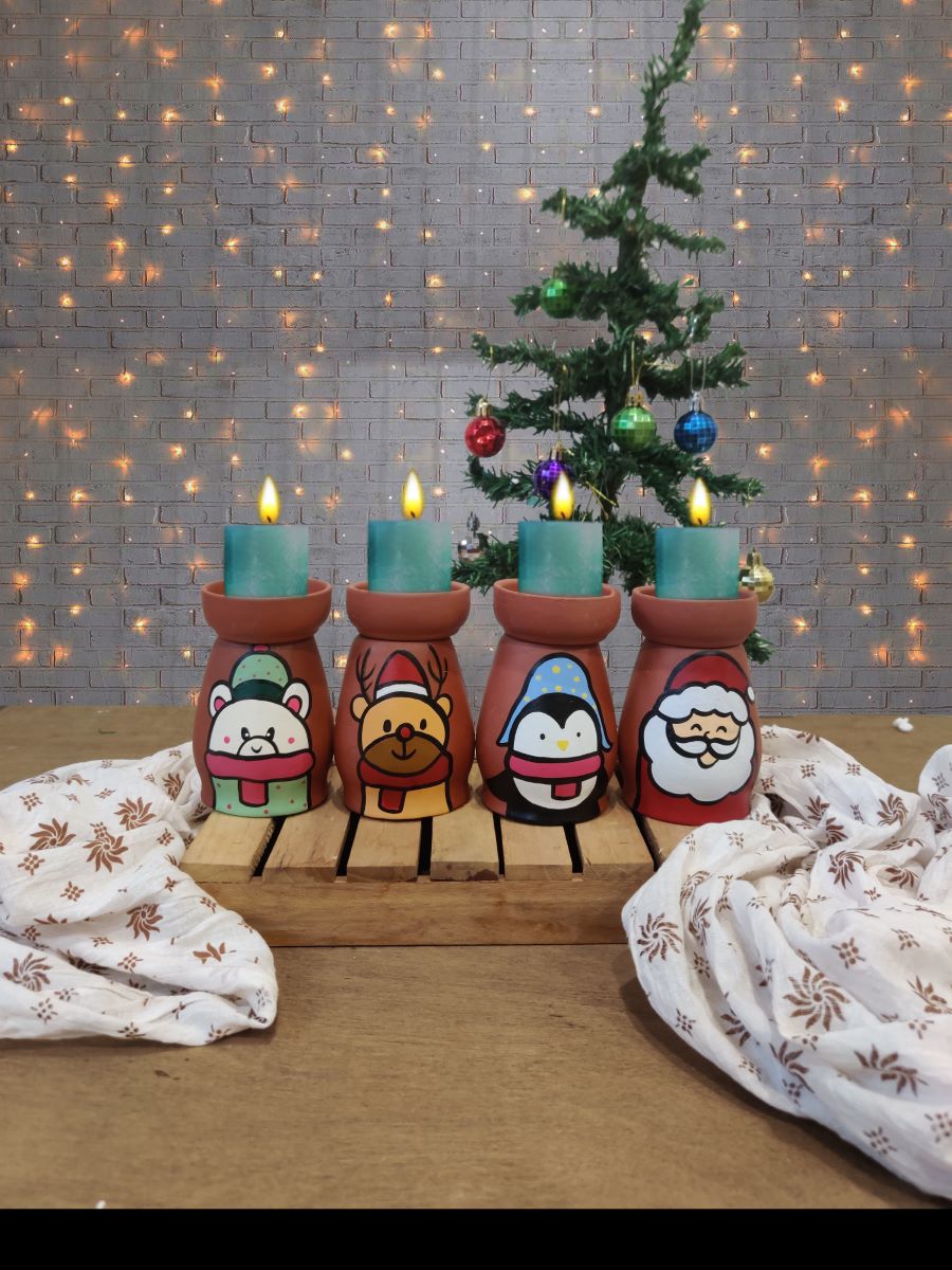 Handpainted Terracotta Candle Holders (Set Of 4)(Santa, Penguin, Bear And Deer)